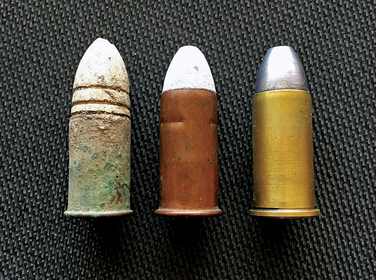 From left to right: The early .56-56 cartridge used extensively in the Civil War, as compared to the improved .56-50 rimfire, alongside my centerfire .56-50 cartridge. The many improvements to the .56-50 rimfire are readily apparent. My centerfire cartridge shown holds a slug from a Rapine mould.
